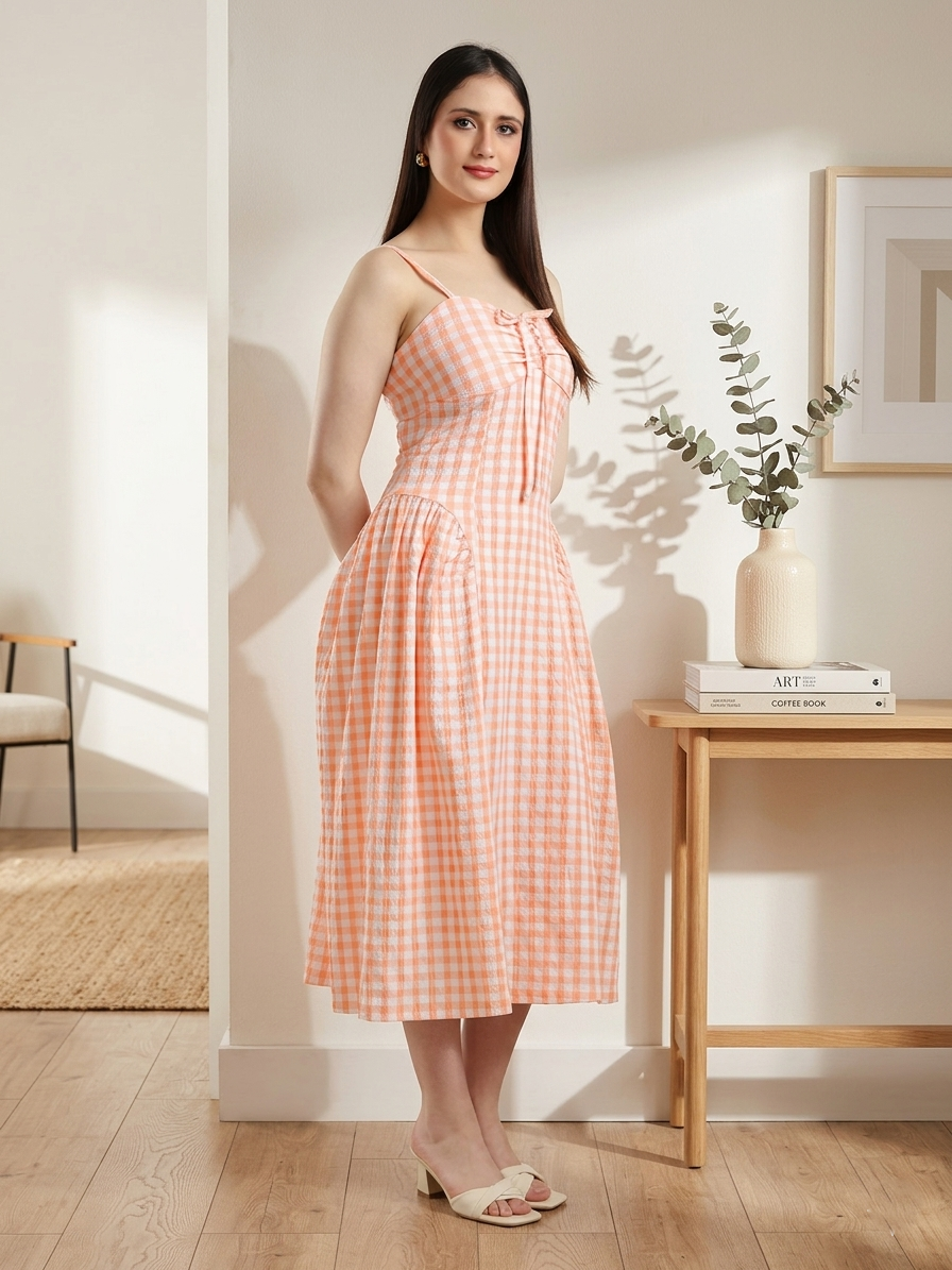 Gingham Pattern Orange Dress for Women