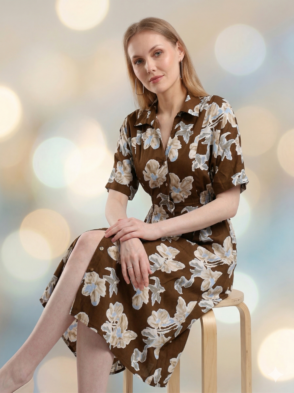 Woman wearing a brown floral dress sitting on a stool with a blurred light background