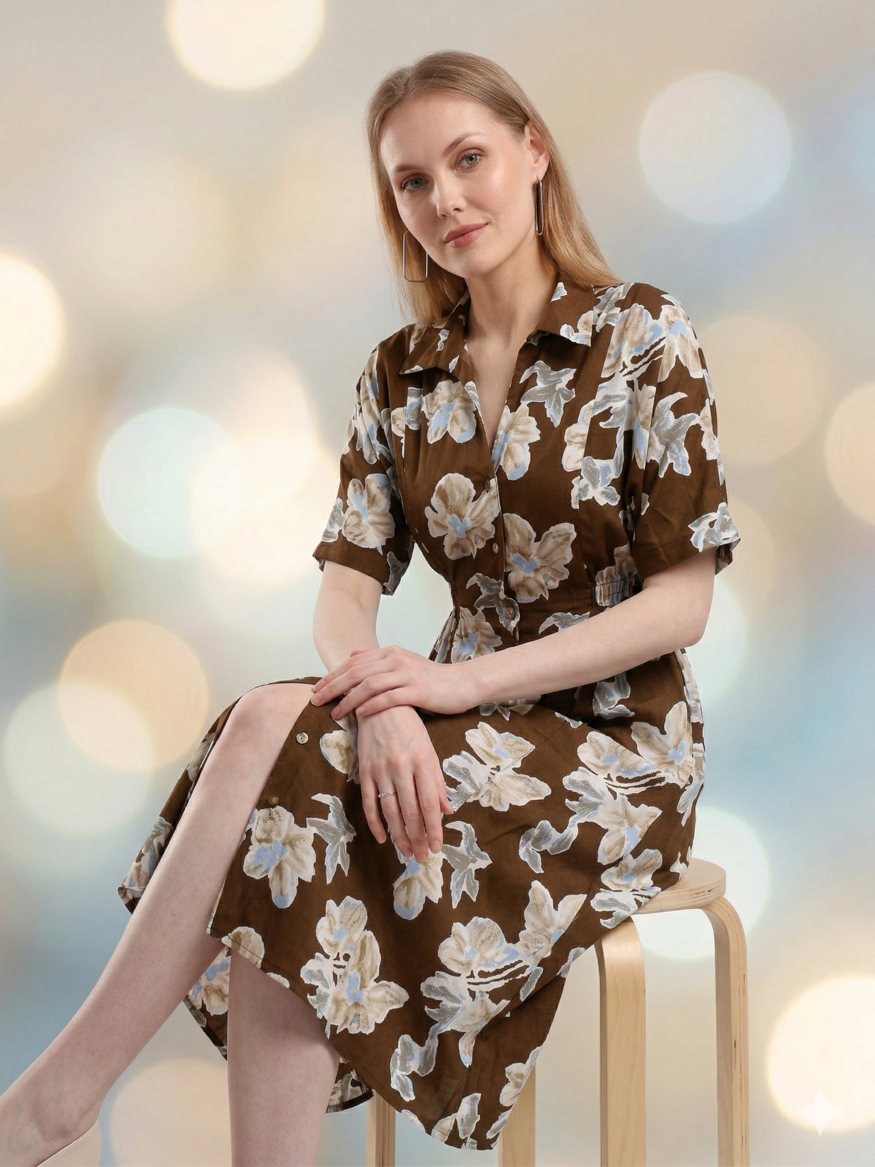 Woman wearing a brown floral dress sitting on a stool with a blurred light background