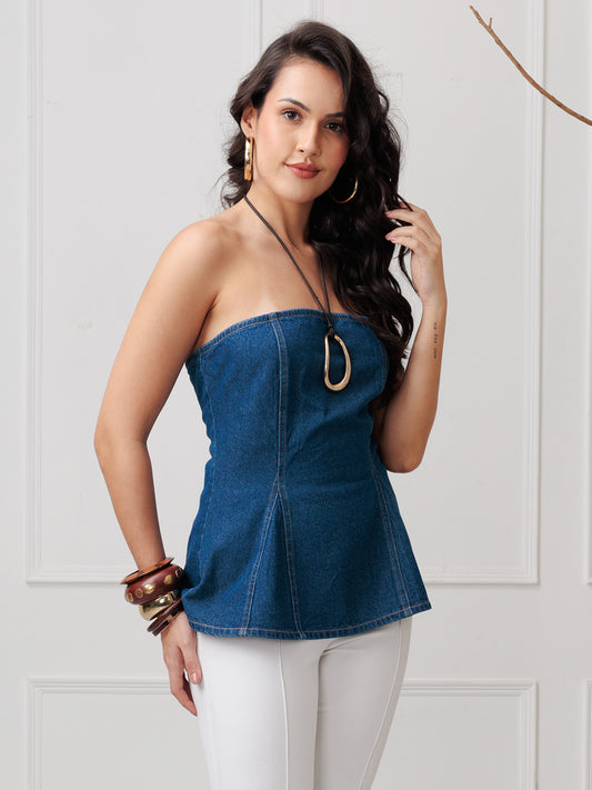 Women’s Dark Wash Strapless Denim Peplum Corset Top
