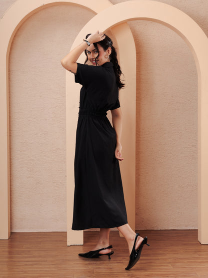 Elegant Black Shirt Midi Dress