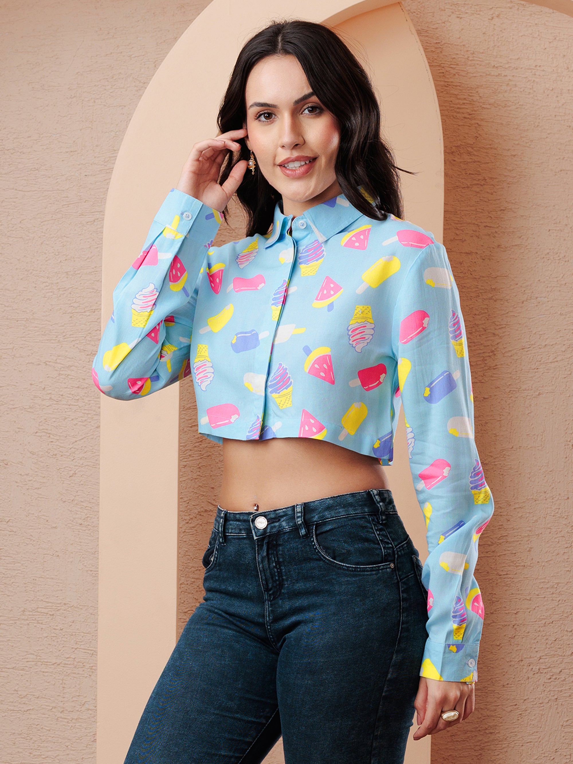GELATO POP CROPPED SHIRT – Playful Printed Casual Crop Shirt for Women