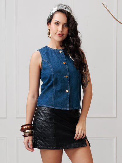 DENIM SLEEVELESS SHIRT TOP 