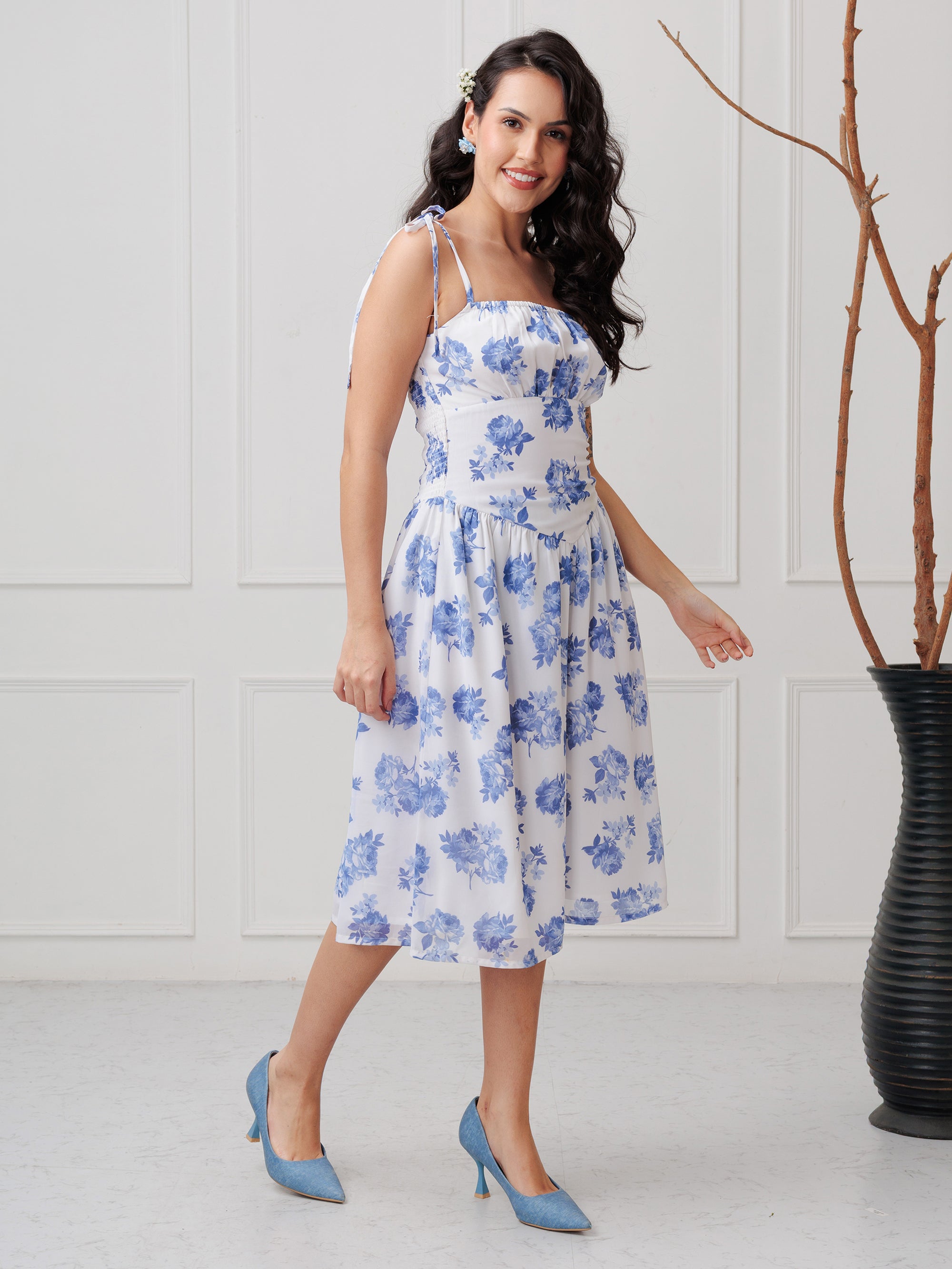 BLUETTE TIE STRAP MIDI DRESS