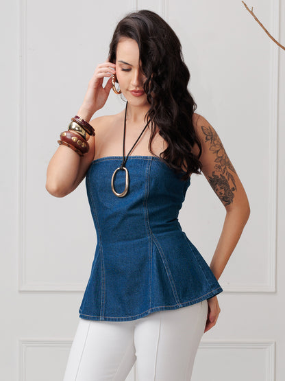 Women’s Dark Wash Strapless Denim Peplum Corset Top