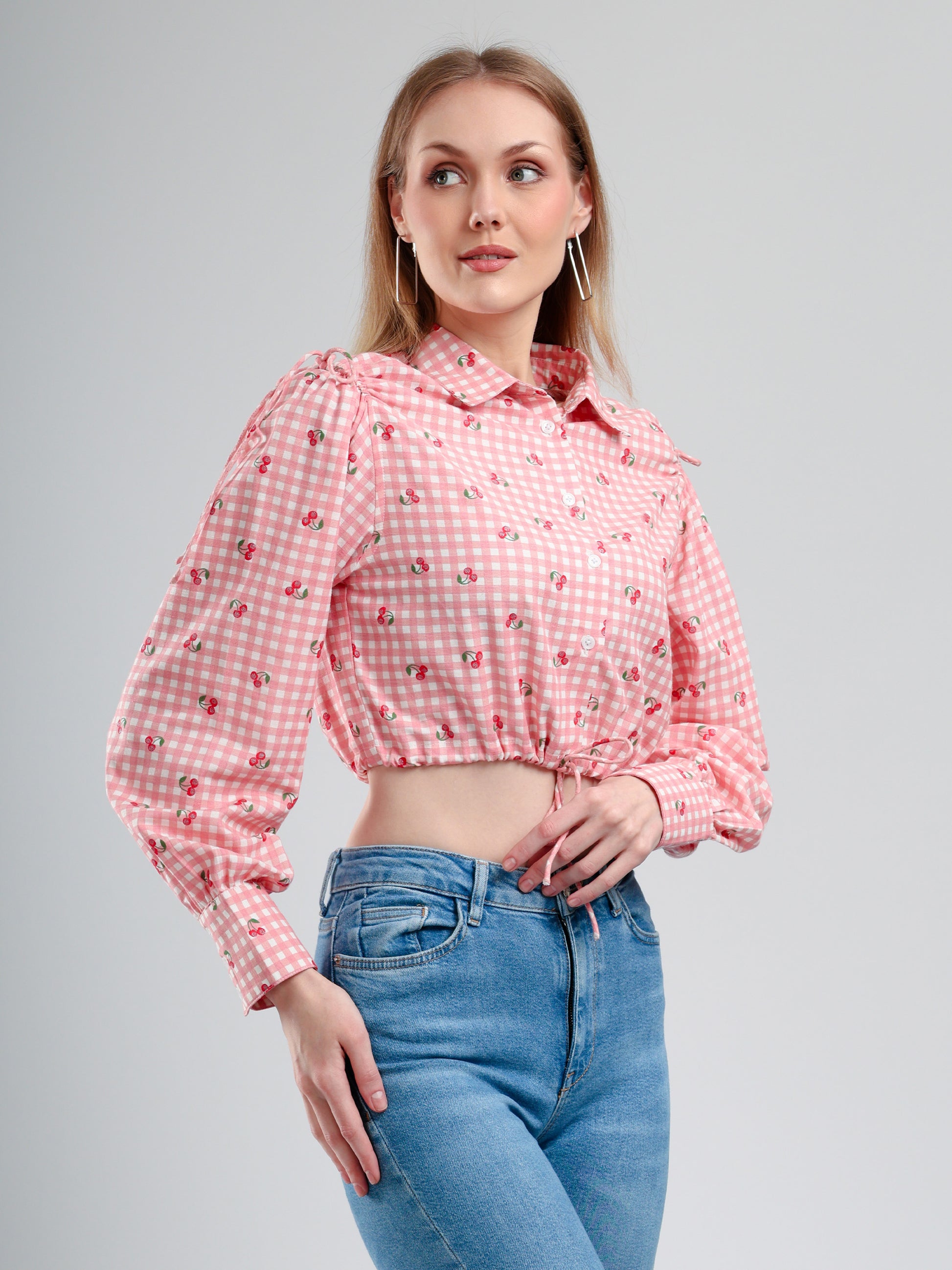  pink checkered Peplum Shirt Top and blue jeans 