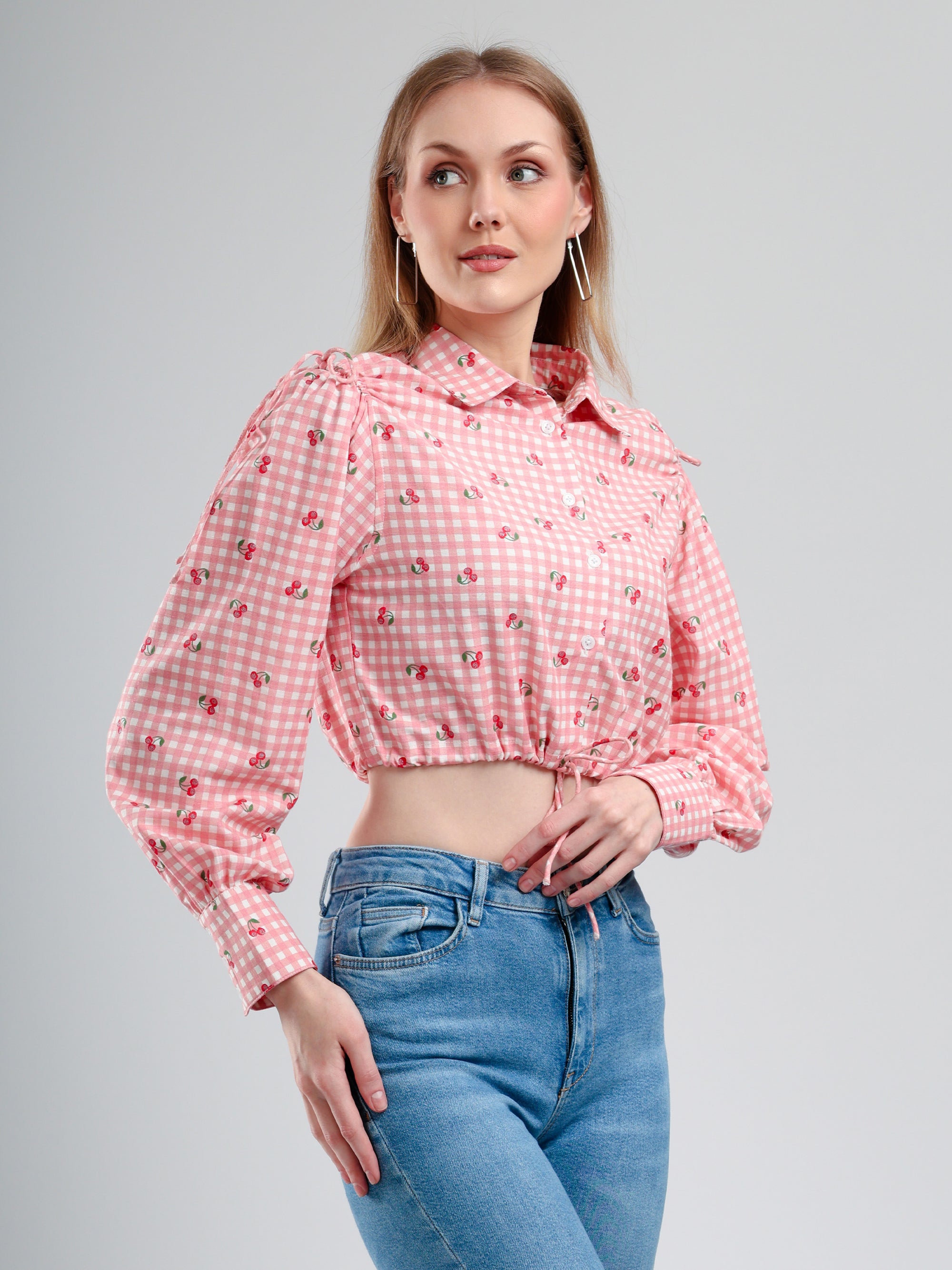  pink checkered Peplum Shirt Top and blue jeans 