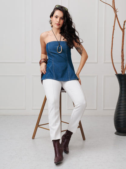 Women’s Dark Wash Strapless Denim Peplum Corset Top