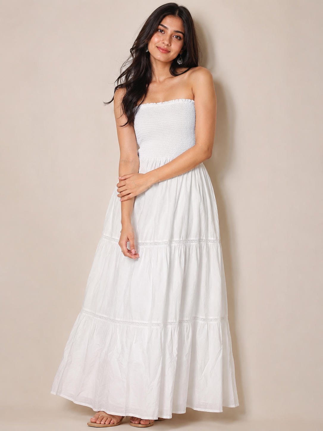 White Strapless Tiered Maxi Dress for Women | CORY EDGE