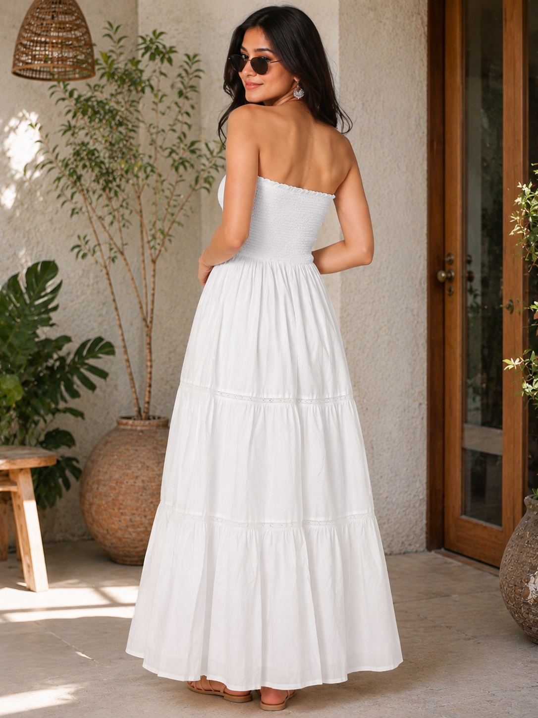 White Strapless Tiered Maxi Dress for Women | CORY EDGE