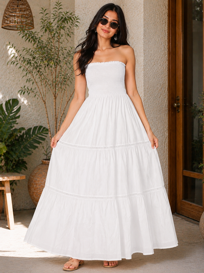 White Strapless Tiered Maxi Dress for Women | CORY EDGE