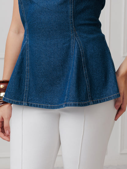 Women’s Dark Wash Strapless Denim Peplum Corset Top