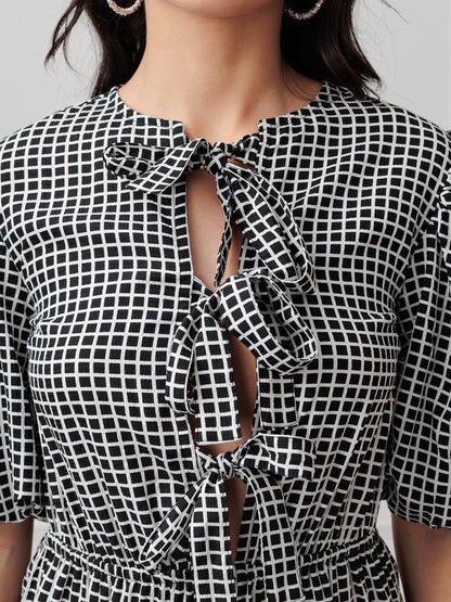 NOIR GRID PUFF SLEEVE PLAY-SUIT