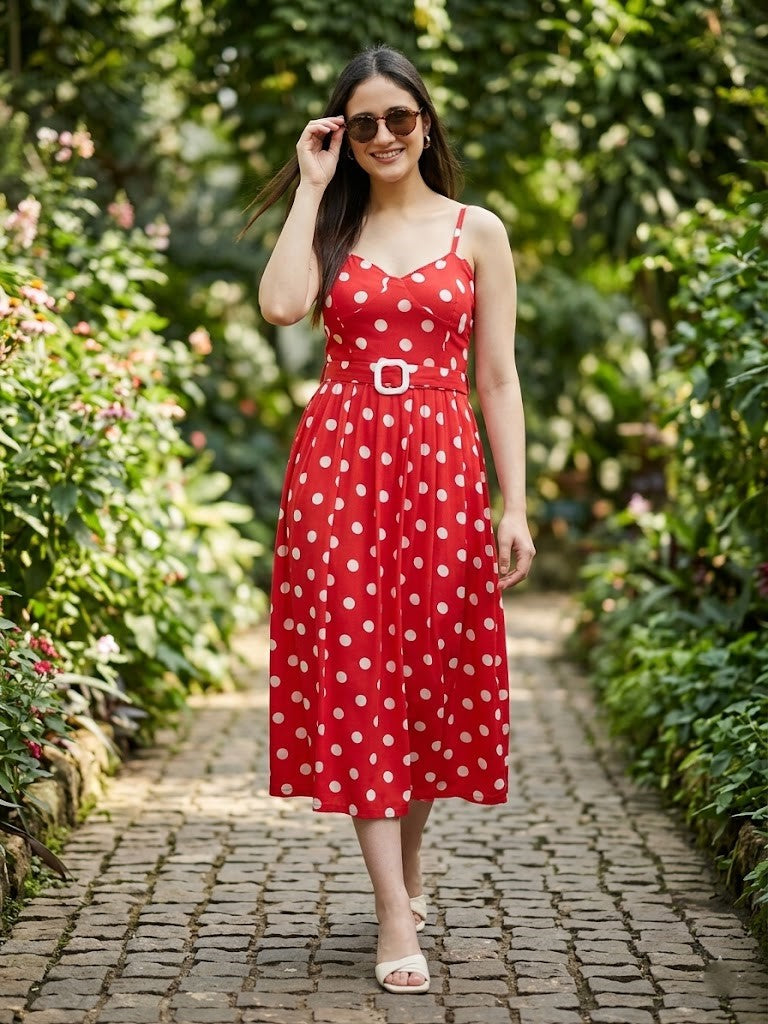 cory edge Red polka dot midid dress with fabric belt for women