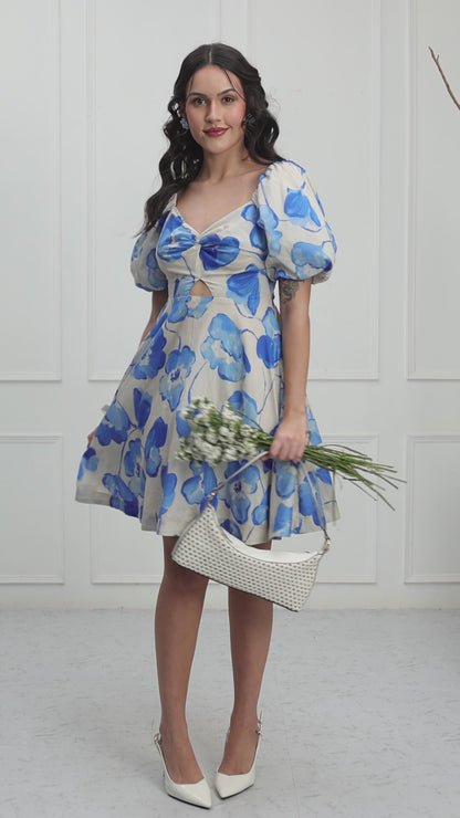 Azure Bloom Puff Sleeve Floral Midi Dress